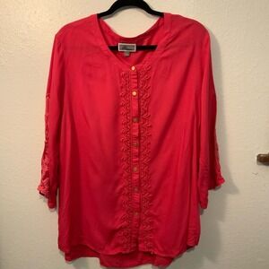 JM Collection Red Mandarin Collar Ruffled Blouse Large Women's